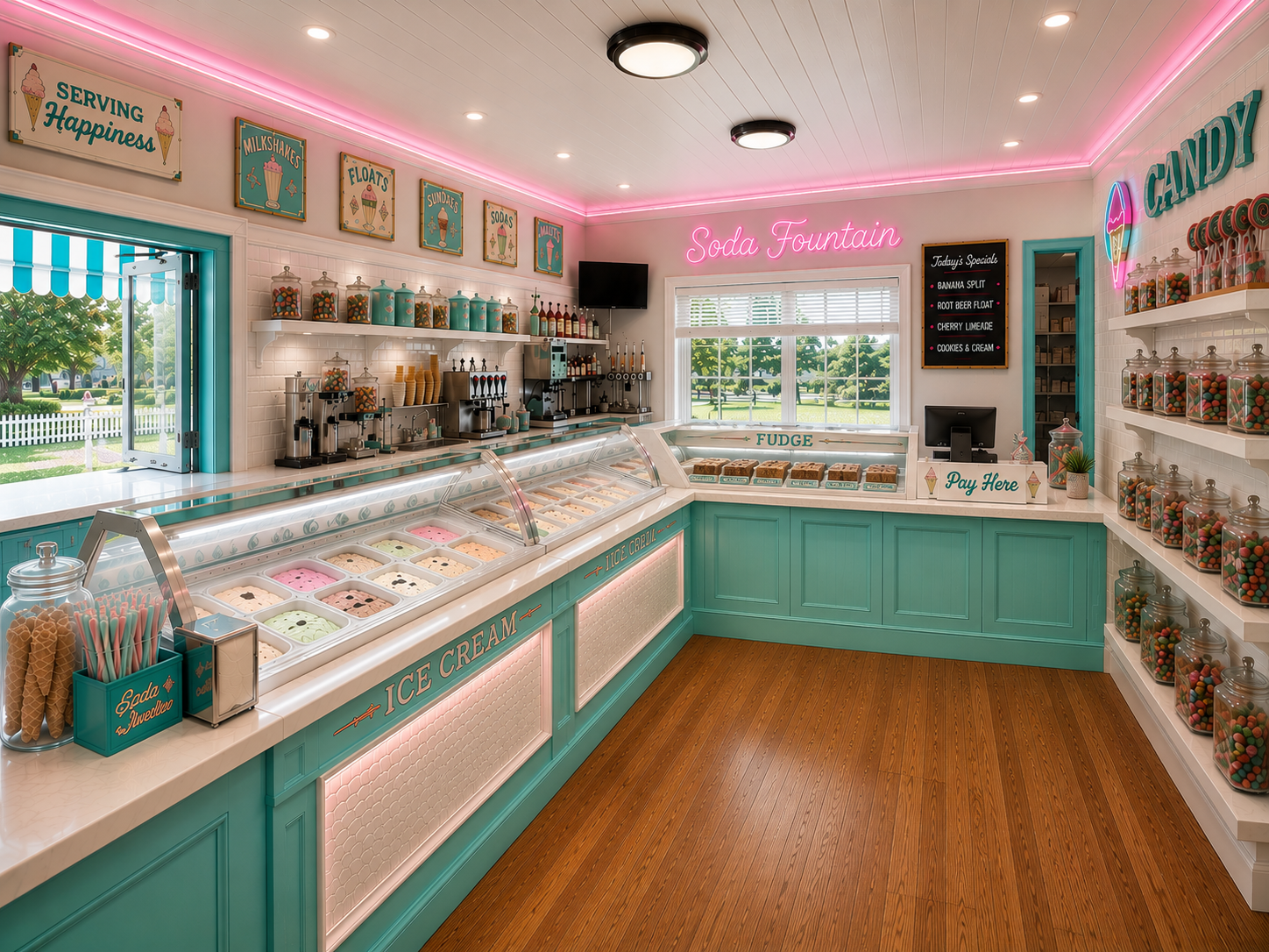 Retro ice cream parlor with turquoise counter