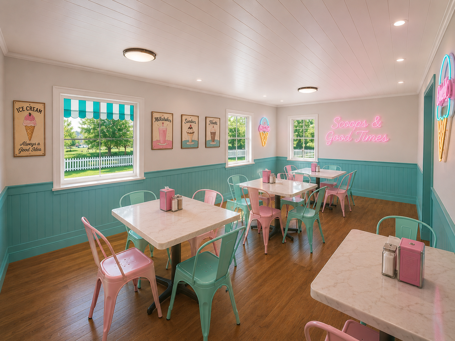 Pastel ice cream parlor with neon signs